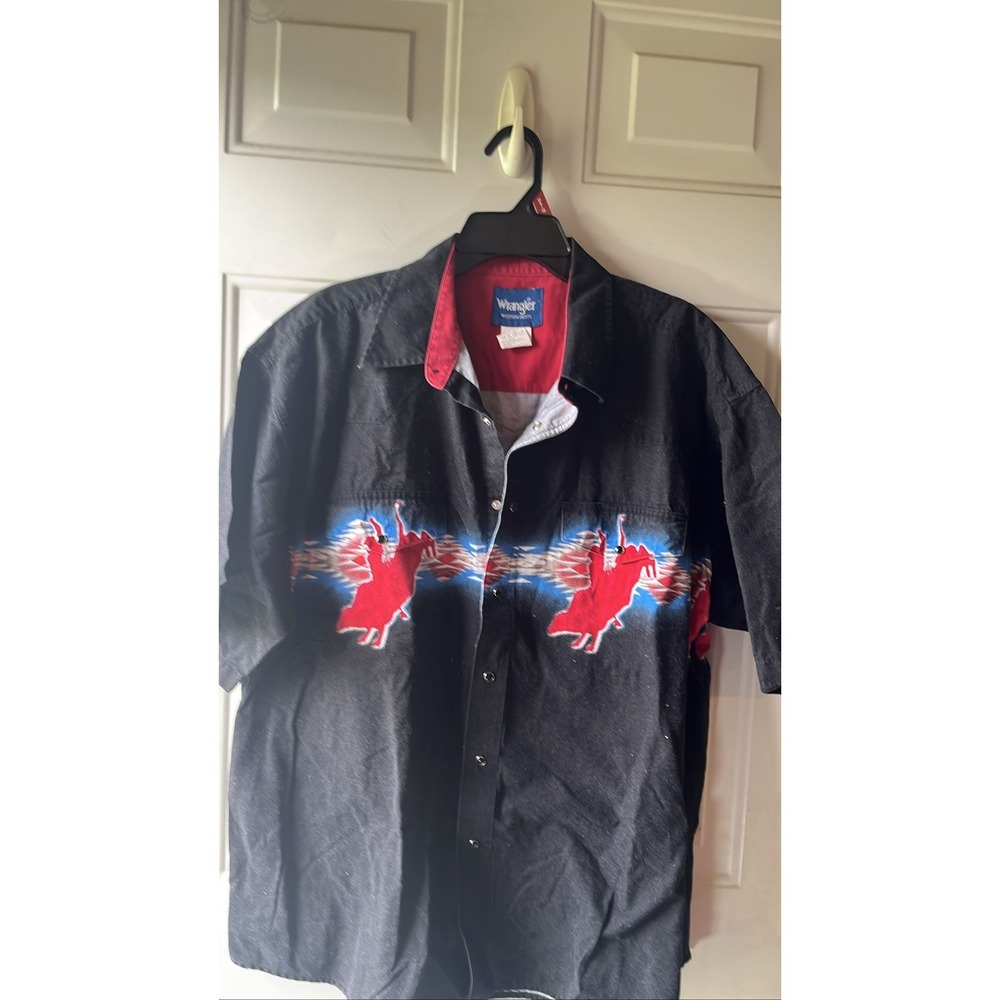 Wrangler Western Pearl Snap Shirt Mens xl Rodeo Bull‎ Riding Horse Black Red